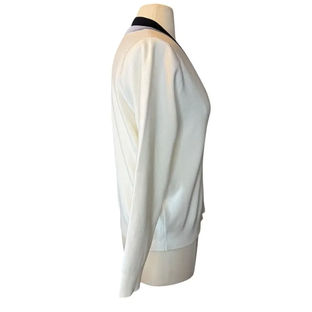 Mango NEW V Neck Varsity Sweater Medium Pullover Cream and Blue